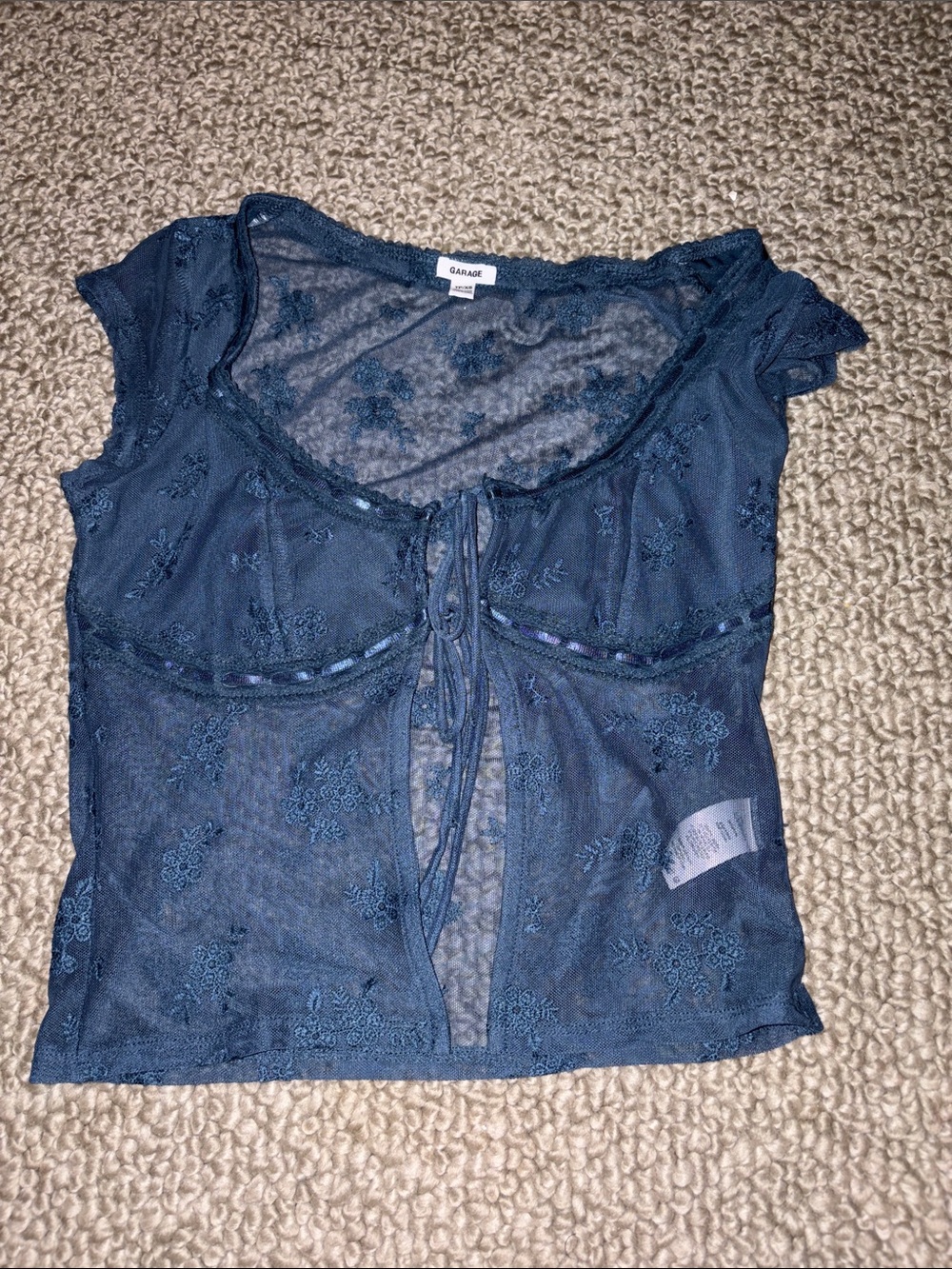 Garage Navy Sheer Embroidered Tie-Front Top
